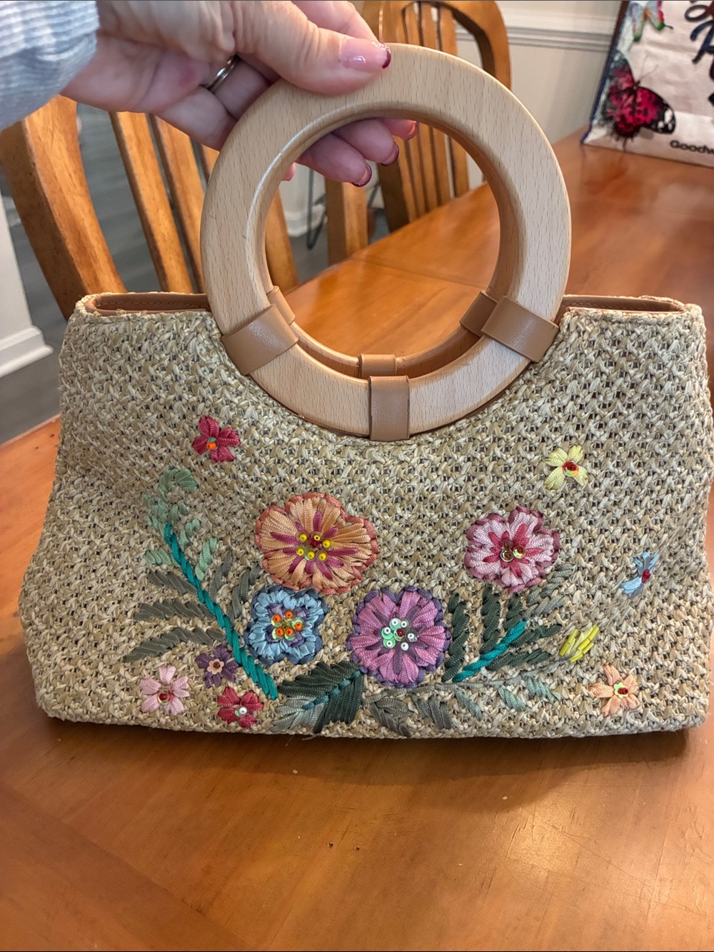 Unlisted Natural Straw Tote with Multicolor Floral Embroidery and Wood Handles